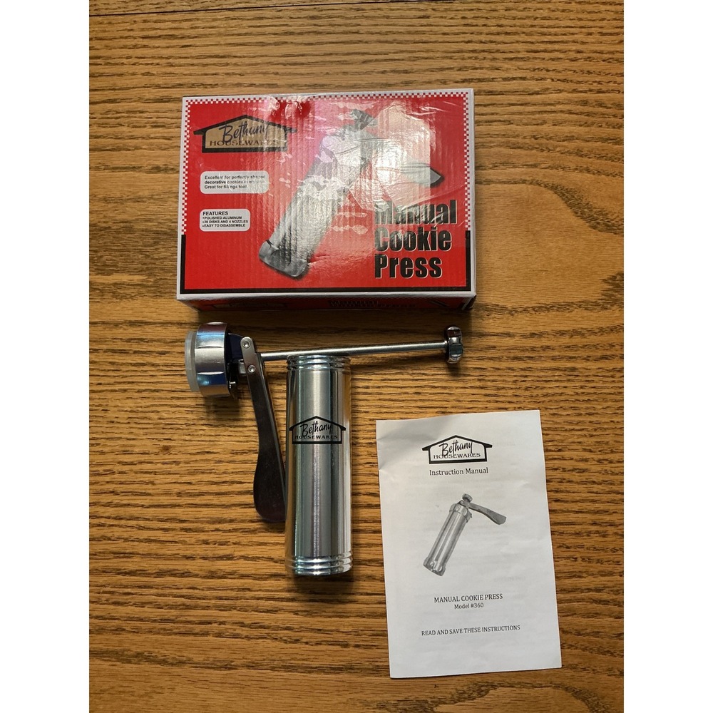 Bethany Housewares Manual Cookie Press Model 360 Polished Aluminum 20Disks 4Tips